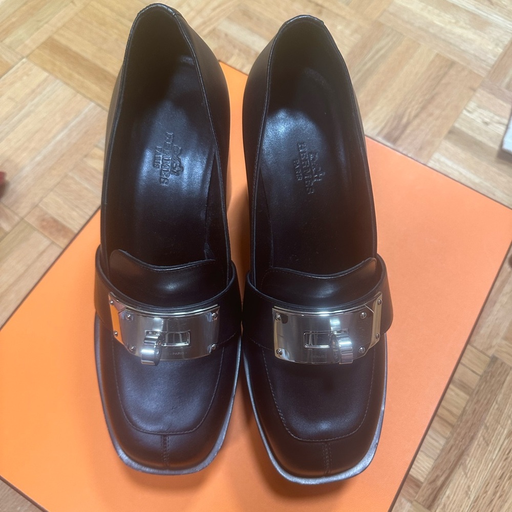 Hermes Black Loafers with Silver Accent